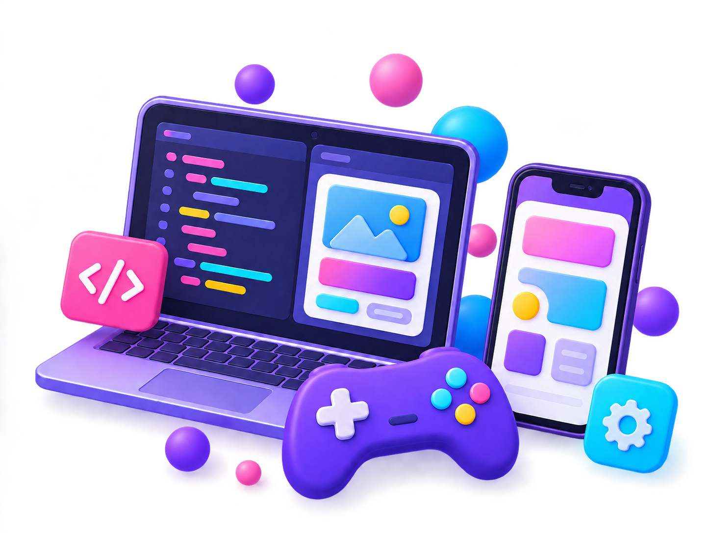 Farbenfrohe Illustration von Laptop, Smartphone und Controller für die App- und Spieleentwicklung