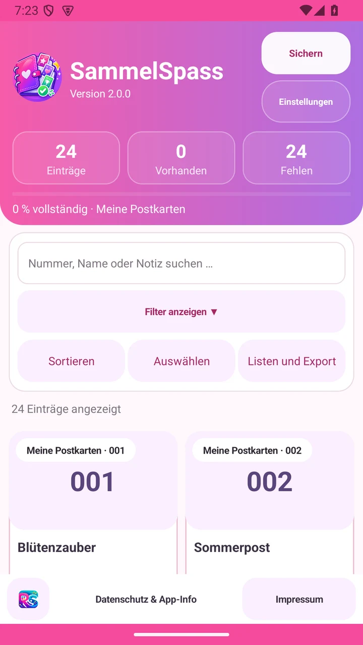 Echte Beispielansicht aus SammelSpass 2.0: eine eigene Postkartensammlung, Suche, Listen und Export